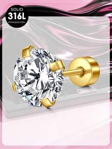 316L Stainless Steel Cubic Zirconia Earrings Studs,Gold/Silver Flat Back Studs For Cartilage, Screw Back Fashion Jewelry Top Cubic Zirconia 3mm-8mm - White Zirconium - View 9