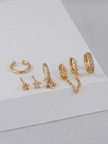 6pcs Delicate Flower & Clover Earring Set With Cubic Zirconia, Suitable For Women's Daily, Date, Party Layered Wear - Yellow Gold - View 3