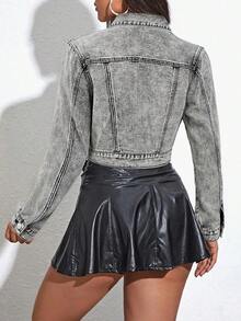 Flap Pocket Crop Denim Jacket - Gris - View 2