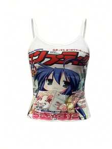 Áo camisole nữ không tay in hình hoạt hình, kiểu dáng thường ngày. - trắng - Xem 3