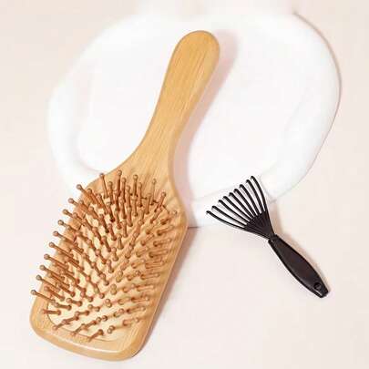 2pcs Wooden Bamboo Brush With Cleaning Claw, Air Cushion Comb, Scalp Massage Anti-Static Hair Brush, Suitable For All Hair Types, Home & Travel Hair Care