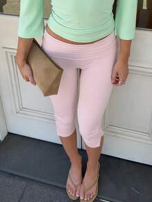 Women Y2k Fold Over Capri Pants Low Rise Knee Length Yoga Leggings Rollover Stretchy Cropped Leggings Solid Color Slim Fit Cropped Pants Summer Going Out Pants Daily Casual Streetwear - 粉色 - 查看 5