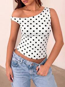 Blus Wanita Warna Polos, Sederhana, Kasual, Leher Asimetris, Lengan Pendek, Musim Panas - Hitam dan Putih - View 5