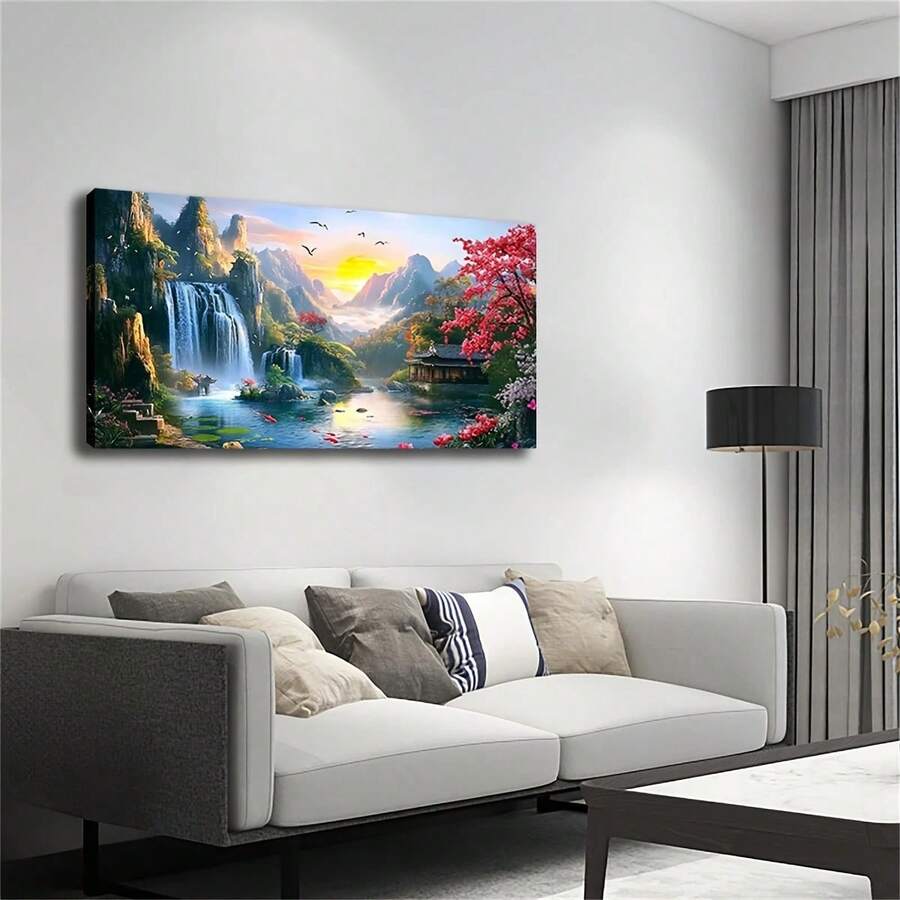 大型现代防水墙画 - 瀑布山石景观,完美适用于客厅、卧室、厨房或办公室 - 是送给自然爱好者的理想礼物,也是自然装饰的绝佳选择 - 多色 - 查看 1