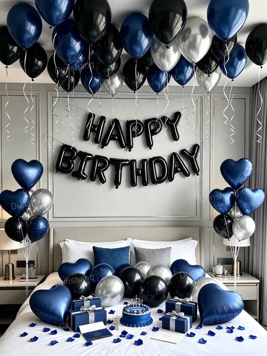 16/60/560件海軍藍黑色生日裝飾 - 生日快樂橫幅 + 心形鋁箔氣球 + 藍黑銀乳膠氣球,適合男性生日派對、暗黑美學派對裝飾、浪漫之夜、週年紀念、飯店驚喜、拍照道具 - 款式一 - 查看 1
