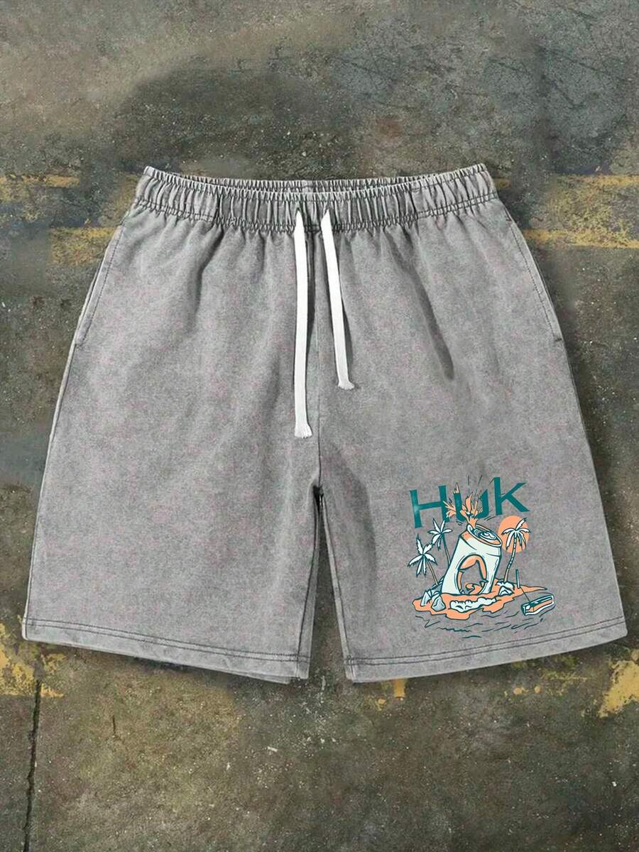 230g Washed Denim Shorts Featuring A Tropical Island Vacation Print On The Sides: Washed-Up Beer Cans, Palm Trees, And Ocean Waves, Paired With A Teal HUK Logo. These Men's Retro Washed Denim Shorts Have A Casual, Street-Style Vibe Reminiscent Of American Fishing Culture, Perfect For Summer. Comfortable And Breathable, Suitable For Everyday Wear, They Include An Adjustable Drawstring Waist, Elastic Belt, And Pockets. - 灰色 - 查看 1