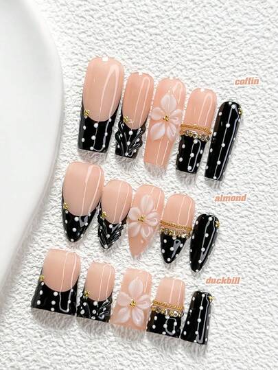10Pcs Gentle Heiress Style Handmade Nail Art Set,Unghie Press On,Chain, Champagne Colored Rhinestones Nail Art Accessories,Hand Sculpted White Five Petal Flower Nail Art Decorations,Black And White Nail Polish,Light Luxury French Style,Comes With Nail Tools(1 Sheets Jelly Stickers+1PC Nail File)3 Sizes Available,Almond Nails, Duck Nails,Coffin Nails,Suitable For Reunion,Daily,Party,Photograph,Play,Spring Summer,Commute Supplies Nails