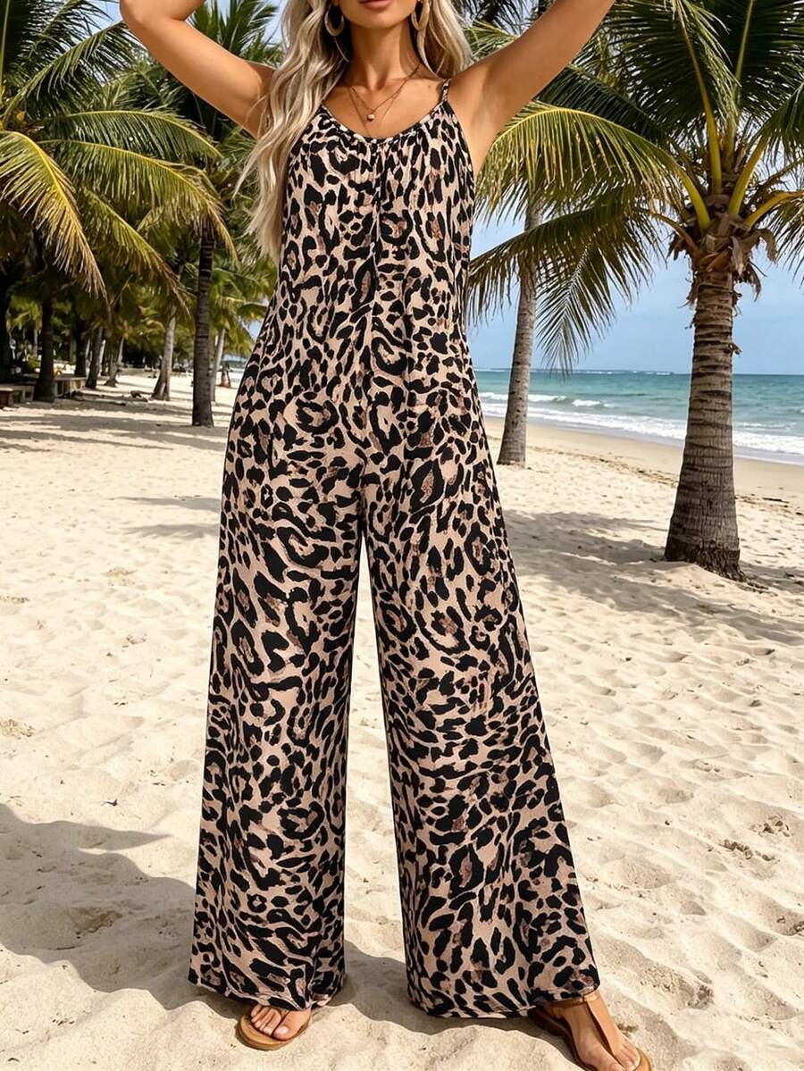 Women's Geometric Pattern Wide Leg Jumpsuit With Pockets, Comfortable & Flattering, Suitable For Daily, Commute, Casual, Shopping, Dating, Fashionable & Versatile Vacation Elegant Summer - Multicolor - View 1
