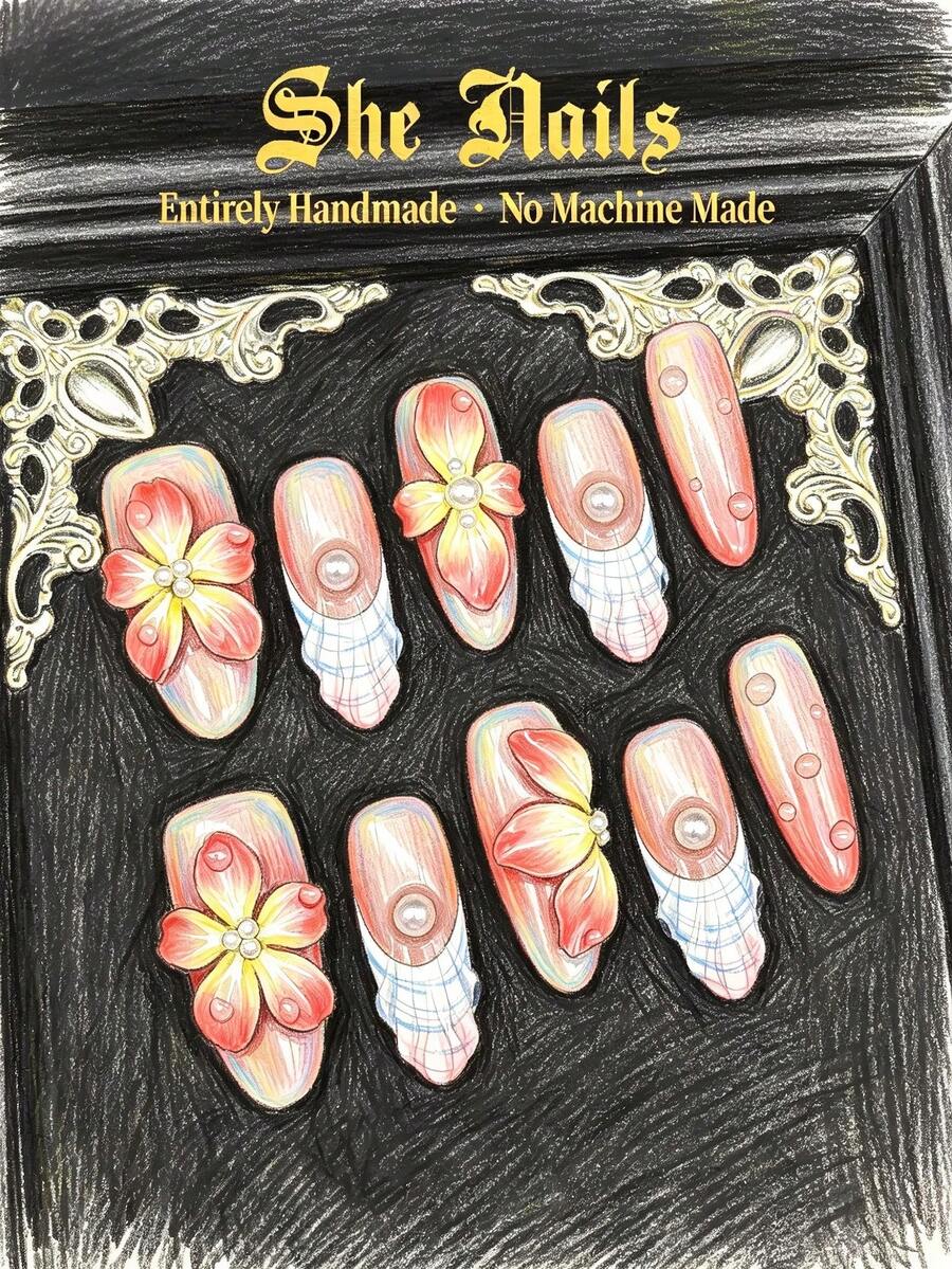 10 piezas Pegatinas de uñas ovaladas brillantes de color naranja estilo Y2K, flores blancas talladas a mano en 3D, gotas de agua ondulada pintadas a mano en 3D, uñas borrosas, decoraciones de mini perlas en 3D, pegatinas de uñas acrílicas ovaladas hechas a mano, con 1 lima de uñas mini, para uñas hermosas y encantadoras, adecuadas para mujeres y niñas - Multicolor - Ver 1