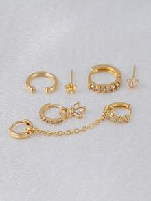 6pcs Delicate Flower & Clover Earring Set With Cubic Zirconia, Suitable For Women's Daily, Date, Party Layered Wear - Yellow Gold - View 6