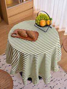 1pc Striped Ruffle Edge Round Table Decor Cloth, Vintage American Style Ruffle Edge Kitchen Decor, Round Living Room Decor Cloth, Valentine's Day Dining Table Decor - Green - View 9