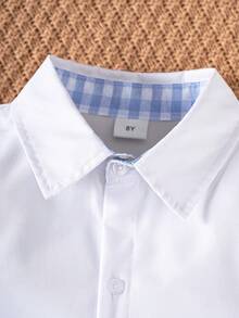 Tween Boy Classic Casual School Style Pocket White Short Sleeve Shirt, Formal Occasion, School, Party, Performance - Blue and White - View 4