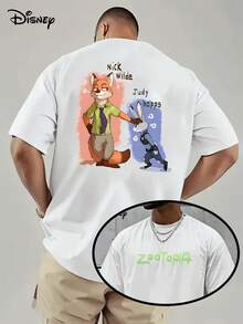 (Disney Licensed)Disney Zootopia Nick Wilde & Judy Hopps Front And Back Print Men's Oversized Crew Neck Short Sleeve Graphic T-Shirt, Cute Zootopia Duo Casual Streetwear Tee For Men Summer Daily Wear, Disney Officially Authorized Men's Short-Sleeved T-Shirts, Mens Clothes, Men, Ropa De Hombre, Summer Clothes, Men Shirts, Graphic Tees, Disney Outfits Men, Graphic Tees, Camisetas Para Hombre, Camisas Para Hombre, Summer Outfits For Men, Father's Day Gift, Perfect Gift For Family And Friends, Which Are Necessary For Birthday Parties, Disney Shirts, Mens Clothes, Summer Clothes, Officially Licensed Disney T-Shirts, Disney Men's And Women's Spring/Summer Fashion Casual Short-Sleeve T-Shirts - White - View 1