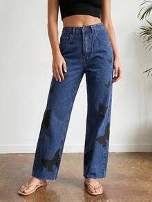 Women's Butterfly Print Straight Leg Jeans - Raw Hem Ankle Denim Pants With 5-Pocket Design For Feminine Streetwear Style (Comfortable Cropped Fit) ﻿ - Dark Wash - View 4