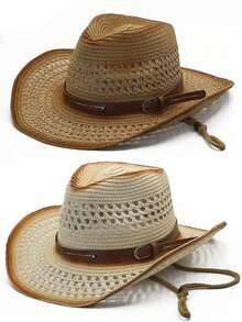 Men's Western Style Straw Cowboy Hat, Outdoor UV Protection Breathable Woven Summer Hat - Multicolor - View 6