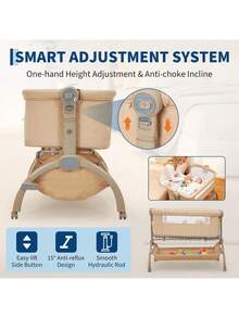 Cuna de bebé ajustable 3 en 1 para colocar junto a la cama – colchón de malla transpirable, ruedas, lateral plegable, cesta de almacenamiento, bolsa de viaje – moisés portátil para colecho con mosquitera – ideal para el hogar y viajes - Caqui - Ver 5