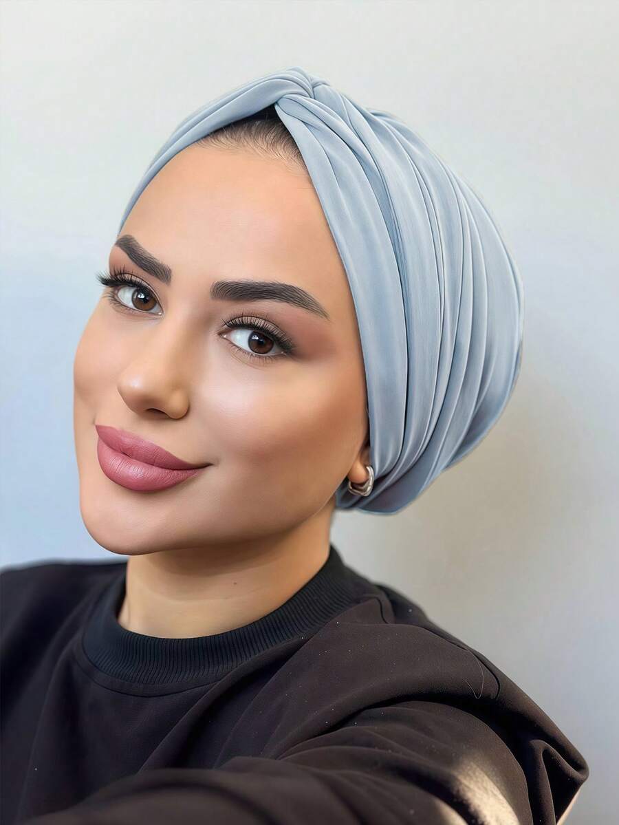 1 buah Turban Kemoterapi Klasik Wanita Warna Polos, Desain Lipit Elastis Tinggi, Penutup Kepala Anti Selip dan Bernapas, Gaya Lipit Berlapis untuk Dipadukan dengan Hijab, Kain Rajut Modal Lembut dan Nyaman, Cocok untuk Pemakaian Sehari-hari - Baby Blue - View 1