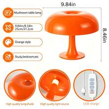 Orange Mushroom LED Desk Lamp 9.84in, Retro USB Table Light For Bedroom, Study, Office, Adjustable Brightness - Orange - View 9