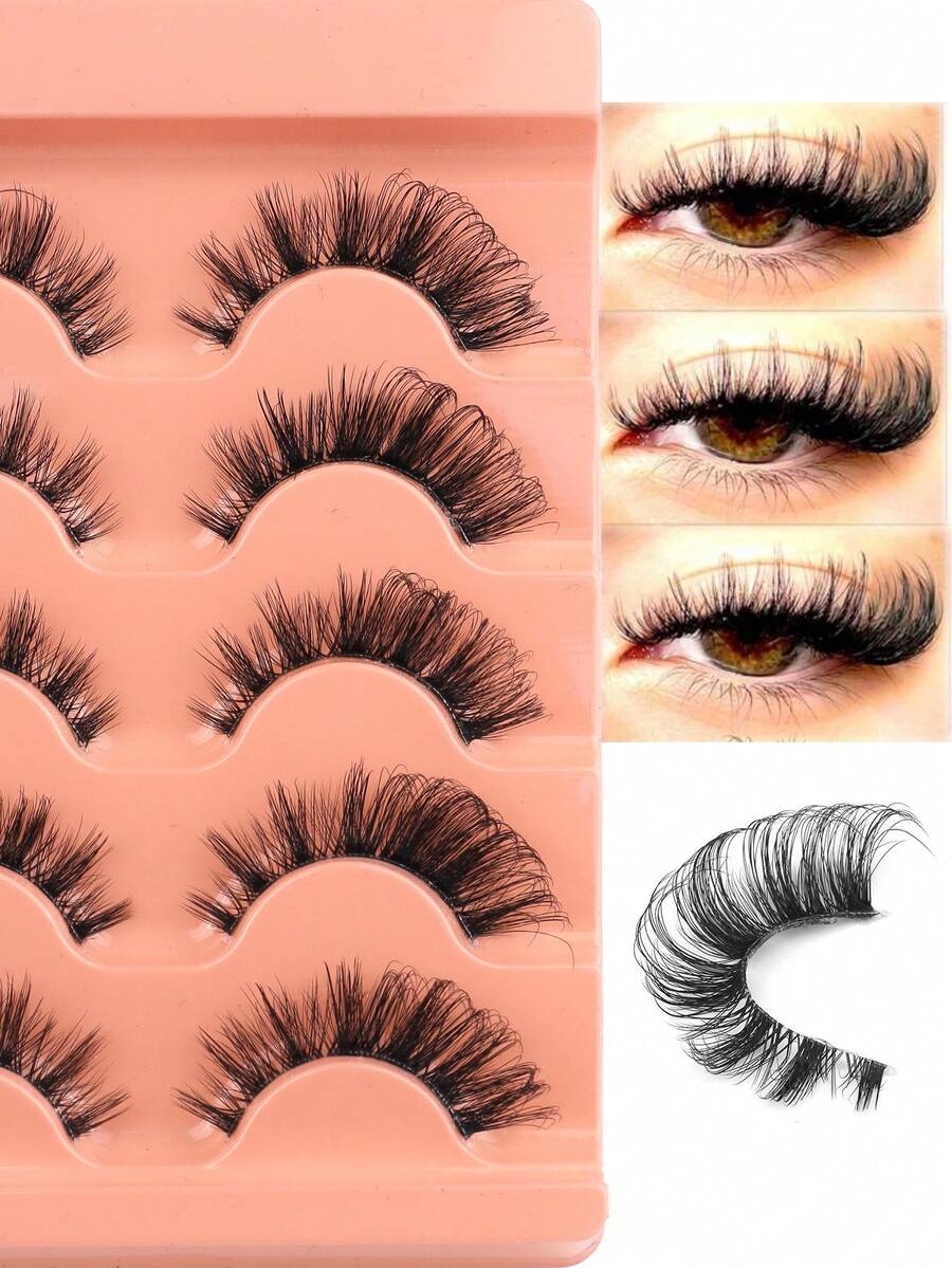 NAIJEMA 5 Pairs Fluffy Faux Mink Eyelashes, Thin, Thick, Curly, 3D Natural, Cat Eye, Fox Eye, Dramatic Styles, Reusable Eyelashes, Suitable For Party And Daily Wear - Black - View 1