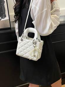 Rhombus Pattern Mini Tote Bag With Pearl Bow Decor, Elegant Small Women Handbag With Shoulder Strap For Crossbody Wear - White - View 2