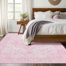 Washable Abstract Geometry Rug - Oriental Vintage Short Pile Rug For Living Room - Soft And Non-Slip Design For Bedroom, Dining Room, Kitchen, Flower-Beige - 粉色 - 查看 4