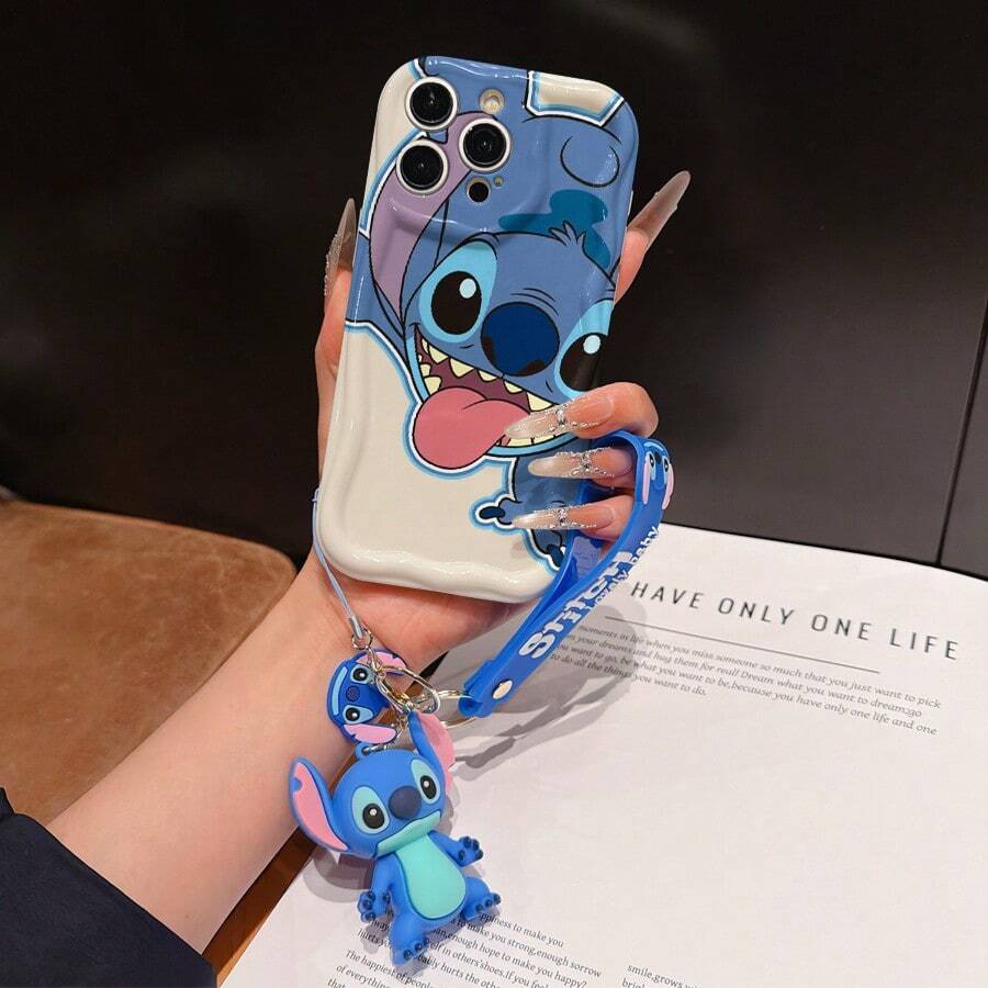 Disney Has Authorized, Phone Case - Chain Set, The Stitch Lilo & Stitch Phone Case Plus A Silicone 3D Or Fluffy Style Stitch Bracelet With Metallic Ring Removable Bracelet, Stitch And Angel Pattern, Compatible With Iphone 17/16/15/14/13/12/11/XS/XR/X Plus Pro Max, Wavy Design Phone Case For Girl, A Stylish Cartoon Summer Phone Case, The Perfect Gift Choice, Phone Protection, Durable Phone Cover, Great Gift For Friends And Family - 白色款式A - 查看 1