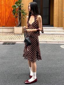 女士波西米亚风波点迷你裙，撞色网纱细节，高弹涤纶半透明铅笔裙，夏季半身裙 - 棕色 - 查看 8