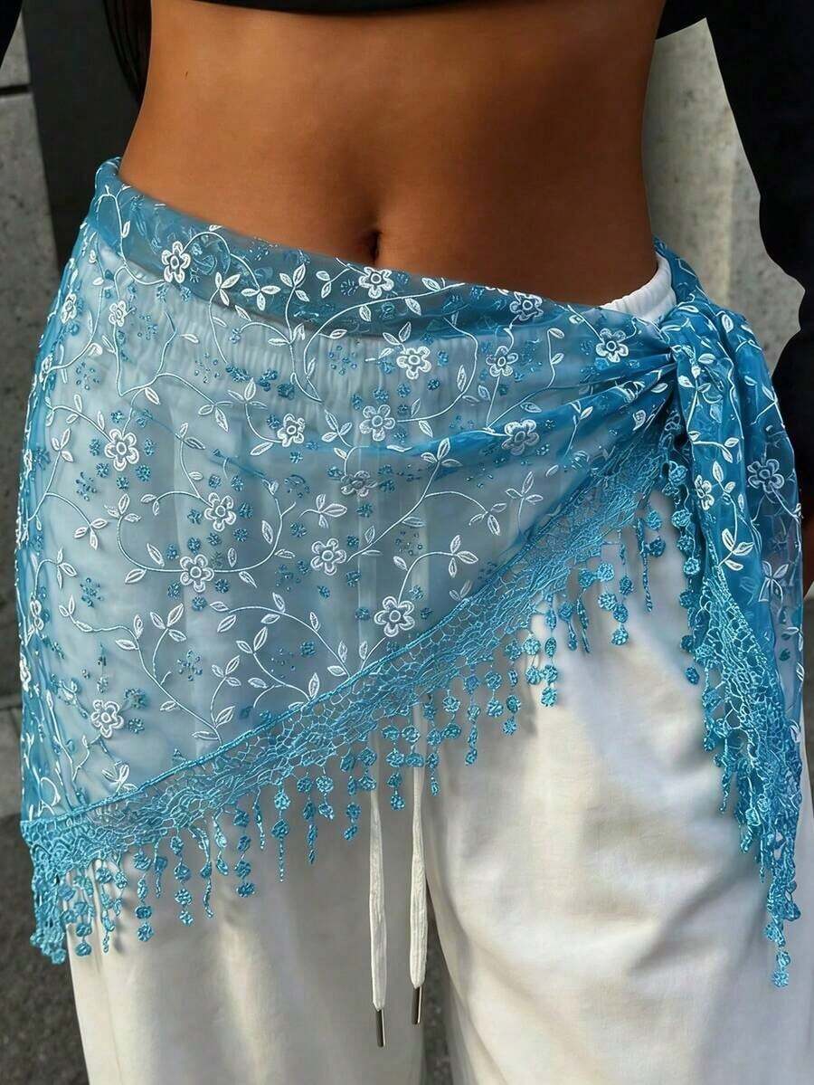 1pc Women's Fashion Bohemian Floral Embroidered Tassel Triangular Scarf, Multifunctional Scarf, Stylish Triangle Waist Belt For Thai/Arabic Dance Skirts - 藍色 - 查看 1