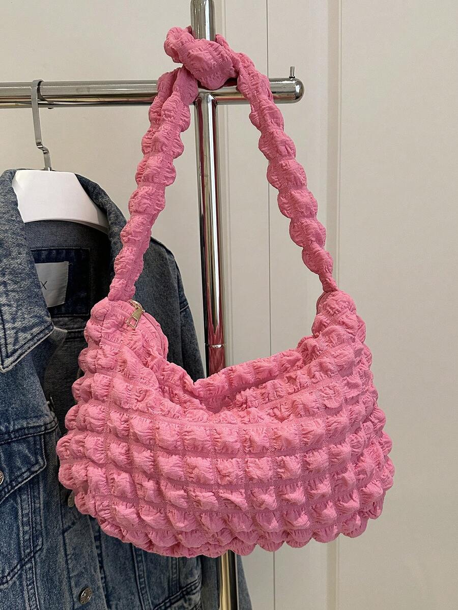 Sac à épaule pour femmes de grande capacité, design plissé nuage doux, pour le travail et les sorties, nouveau style coréen - Rose vif - Voir 1