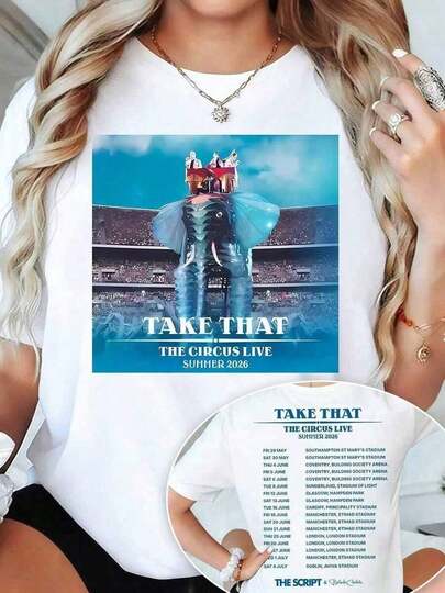 Take That Circus Live 2026-Shirt, Double-Sided Print Of Elephant Stage Shows, Casual Crew Neck Short-Sleeved Women's-Shirt,% , All-Season Style, Suitable Events, Parties, Performances, And Outings.