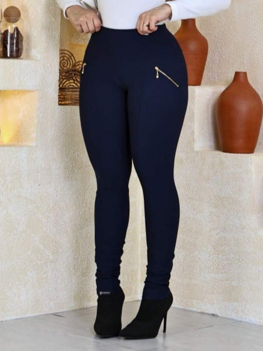 Women's Riding Pants High Waist Leggings With Golden Zipper - 藏蓝色 - 查看 1