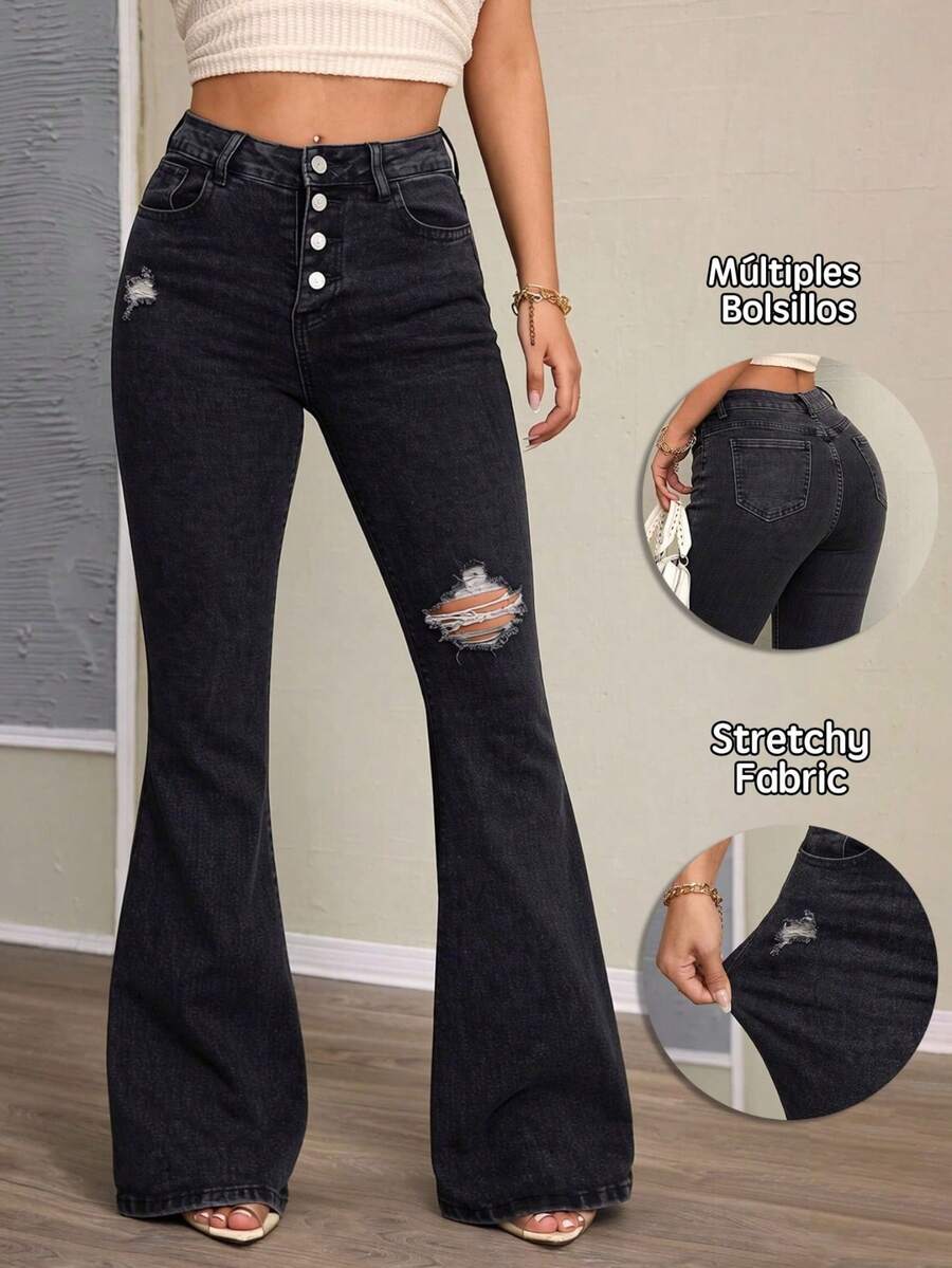 Black And Gray Washed Flared Denim Trousers With Rips, Mid-Rise, Slim Fit And Stretchy - Grey - View 1