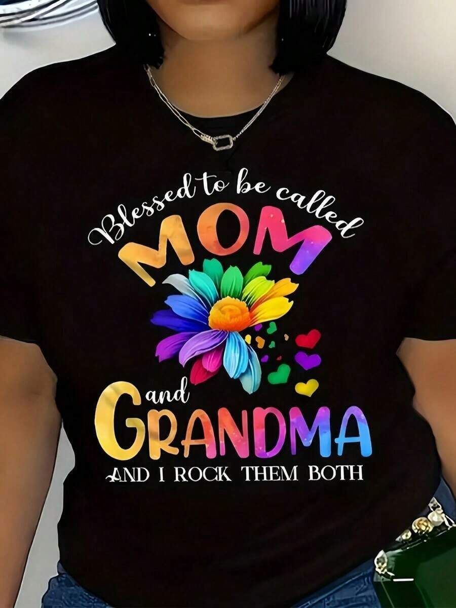 Camisetas manga corta mujer Camiseta de manga corta con cuello redondo 100% algodón para mujer, estampado de flores arcoíris "Mamá y Abuela", top casual negro suave, transpirable y de corte holgado, perfecta para el Día de la Madre y uso diario. - Negro - Ver 1