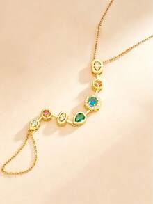 1pc European & American Luxury Style Multi-Element Colorful Gemstone Finger Bracelet, Suitable For Women's Daily Commute, Party, Ball, Atmosphere Accessory - Gold - View 5