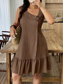 Weeklong Vestido corto sin mangas de línea A con cuello asimétrico, botones, tela texturizada y volante en el bajo, para mujer de talla grande, casual para verano y vacaciones - Marrón - Ver 3