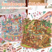 2 hojas de pegatinas de mascotas + 1 hoja de tarjeta de escena + 1 hoja de imagen de referencia/paquete, pegatinas de juguete para planificador DIY, pegatinas de paisaje, pegatinas manuales, pegatinas de escena de casa pequeña clasificadas a mano - pegatinas de paisajes - Ver 12