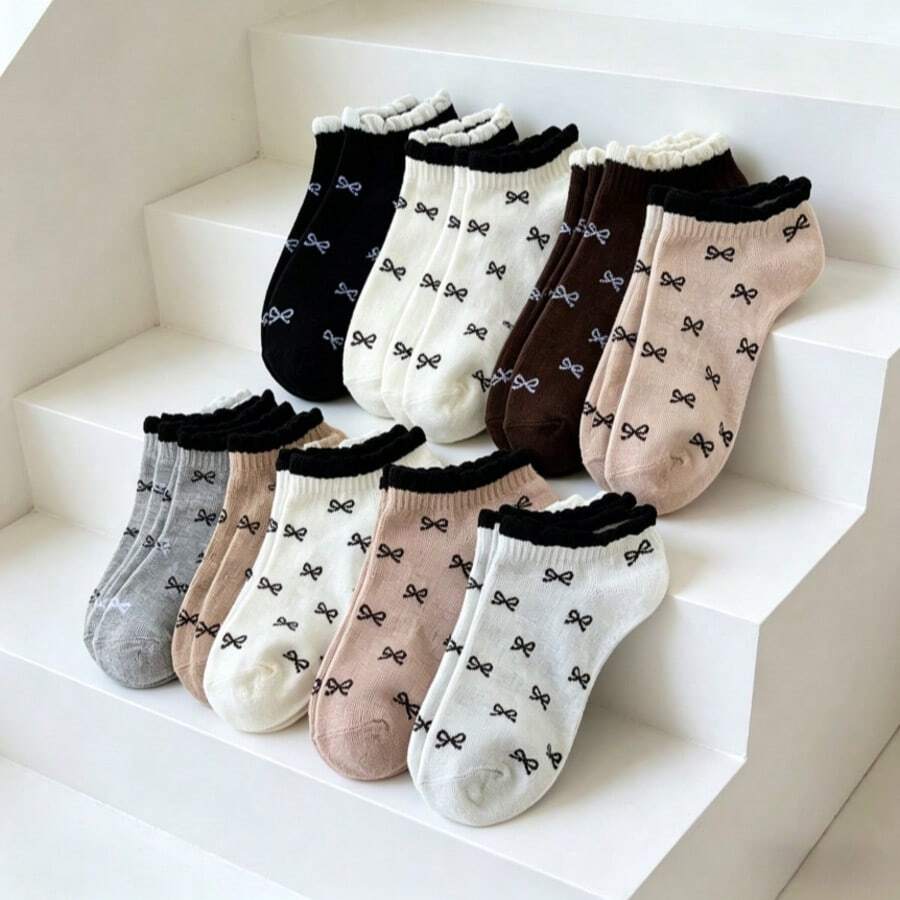 5 Pairs Women's Short Socks, Bow & Floral Pattern Mid-Calf Socks, Suitable For All Seasons, Random Colors - Multicolor - View 1