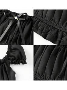 Women's Y2K Off Shoulder Tops Fairycore Slim Frill Trim Bow Backless Short Sleeve Crop Tops Short Shirt Aesthetic Clothes For Party Club Streetwear - 黑色 - 查看 9