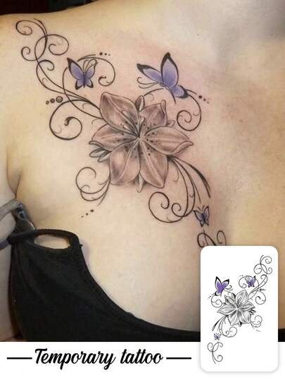 One Valentine's Day Temporary Temporary Tattoo Sticker Featuring A Delicate Lily And Butterfly Design On The Shoulder/Chest. Waterproof, Sweatproof, Washable, And Non-Reflective, It Mimics The Effect Of A Tattoo On The Arm And Shoulder, Suitable For -Conscious Individuals. Lasts 3-5 Days.