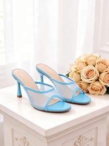 Sandal Wanita Model Baru Musim Panas Kasual Patchwork Warna Solid Jala Elegan Model Mule Ujung Terbuka Hak Tinggi Warna Biru - Biru - View 6