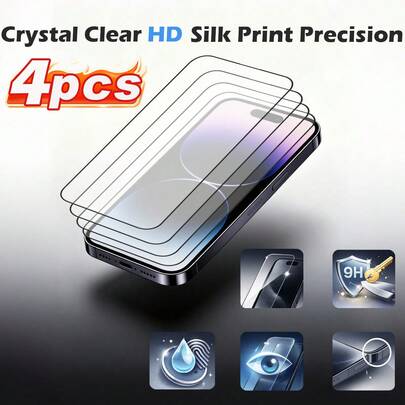 VINA GLASS - Bộ 4 miếng dán màn hình chống bọt khí, dễ dàng lắp đặt, in lụa HD, dành cho điện thoại di động và phụ kiện, chống dầu, cảm ứng mượt mà, vừa khít màn hình, phong cách tối giản, phim kính HD in lụa bền bỉ, lý tưởng cho sử dụng hàng ngày, văn phòng và học tập tại nhà. Tương thích với iPhone 17e/17 ProMax/17 Pro/17 Air/16 ProMax/16 Pro/16/15 ProMax/15 Pro/15/14 ProMax/14 Pro/14/13/12/11 và nhiều hơn nữa.