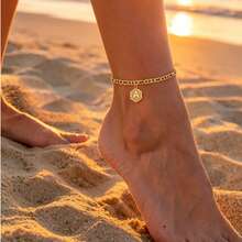 1pc Fashionable Personalized Letter A-C Hexagon Shaped Gold-Plated Chain Anklet, Suitable For Daily Wear, Outings, Beach Activities - Gold - View 2