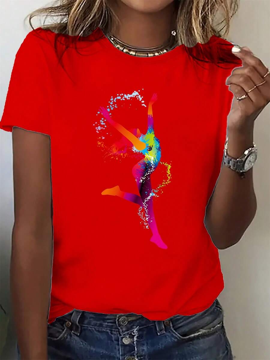 Plus Size Cotton T-Shirt For Women, Ideal For Summer. Ballerina Girl Print - Casual And Fashionable Sporty T-Shirt For Women. The Material Is Sweat-Wicking, Soft, And Comfortable Against The Skin. - 紅色 - 查看 1
