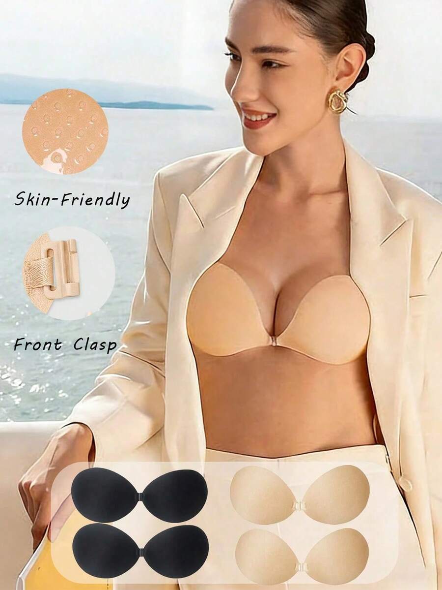 4/2 piezas Cubrepezones redondos de color negro y tono de piel, opciones básicas/transpirables, cierre delantero realza el escote, adecuado para trajes de baño y atuendos sin espalda - Multicolor - Ver 1