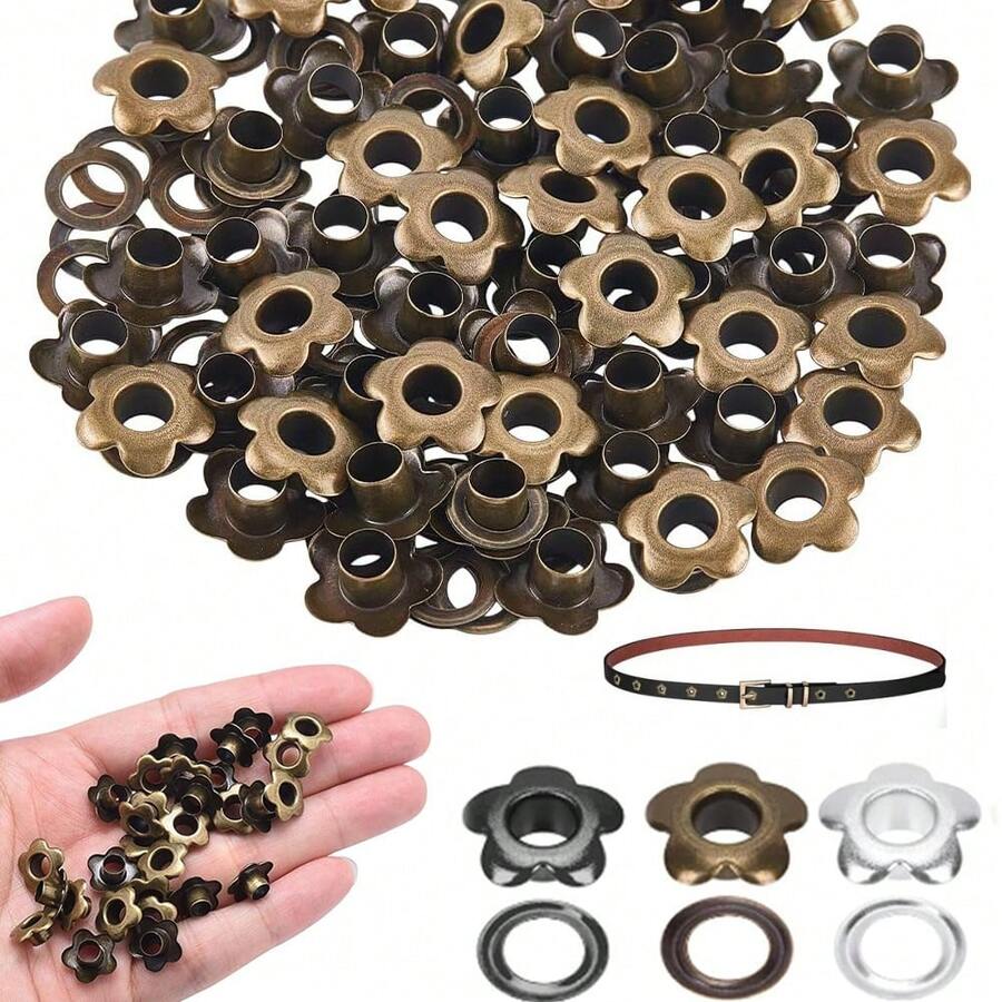 100 Sets Flower-Shaped Metal Eyelets, 5mm Metal Eyelets Suitable For Fabric Clothing, Sewing Shoe Eyelets, Belts, Bags, Bookmarks, Handmade DIY Accessories, Etc. - Multicolor - View 1