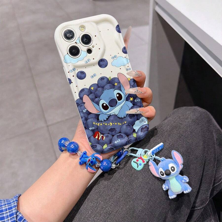 Disney Has Authorized, Phone Case - Chain Set, The Stitch Lilo & Stitch Phone Case Plus A Silicone 3D Or Fluffy Style Stitch Bracelet With Metallic Ring Removable Bracelet, Stitch And Angel Pattern, Compatible With Iphone 17/16/15/14/13/12/11/XS/XR/X Plus Pro Max, Wavy Design Phone Case For Girl, A Stylish Cartoon Summer Phone Case, The Perfect Gift Choice, Phone Protection, Durable Phone Cover, Great Gift For Friends And Family - 白色款式B - 查看 1