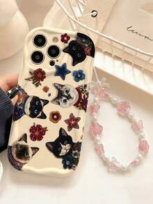 极简复古可爱猫咪星形图案2D印花加厚防摔手机壳，附赠粉色玫瑰挂绳，自用或送礼皆宜，兼容 11/12/13/14/15 Pro Max、国际版Galaxy A04/A05/A13/A14/A15/A24/A25/A35/A54/A55/S23/S24 - 白色 - 查看 1