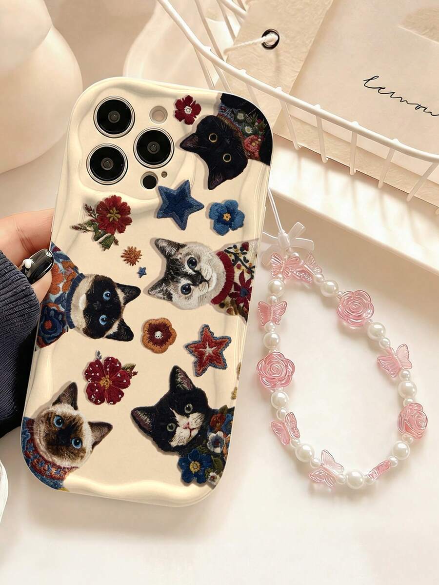极简复古可爱猫咪星形图案2D印花加厚防摔手机壳，附赠粉色玫瑰挂绳，自用或送礼皆宜，兼容 11/12/13/14/15 Pro Max、国际版Galaxy A04/A05/A13/A14/A15/A24/A25/A35/A54/A55/S23/S24 - 白色 - 查看 1