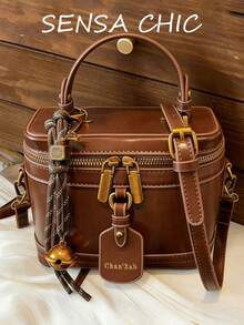 Fashionable New Elegant Solid Color PU Material Portable Square Bag, Mini PU Bag, Waterproof Fabric Burgundy Bag, Letter Pattern Decor Design Box Bag, Suitable For Travel, Shopping, Party, Commuting - Brown - View 8