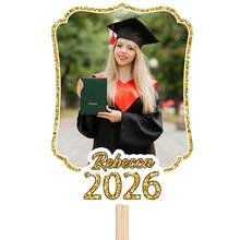 Personalized Graduation Face Photo Hand Fan, One-Side Custom Big Head Fan With Your Photo Name, Fun Face Cardboard Cutout Graduates Decoration Gifts For 2026 Graduating High School And College Student - Gold - View 1